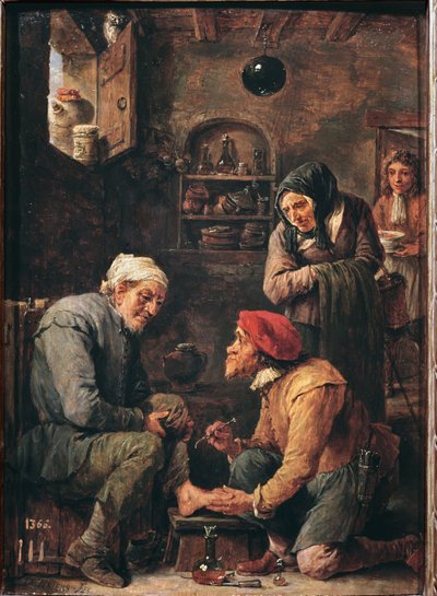 En operation, en läkare som ska öppna patientens fot (olja på duk av David Teniers the Younger