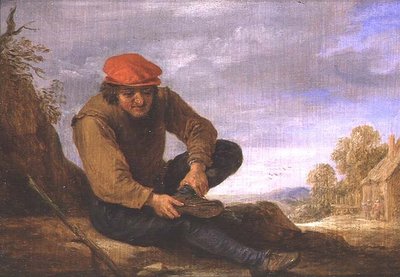 Sittande man tar av sig sin sko (panel) av David Teniers the Younger