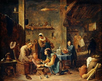 The Barbers Shop (olja på ek) av David Teniers the Younger