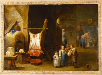 Interiören i en bondestuga med en griskropp och en pojke som blåser upp en blåsa, 1646 av David Teniers the Younger