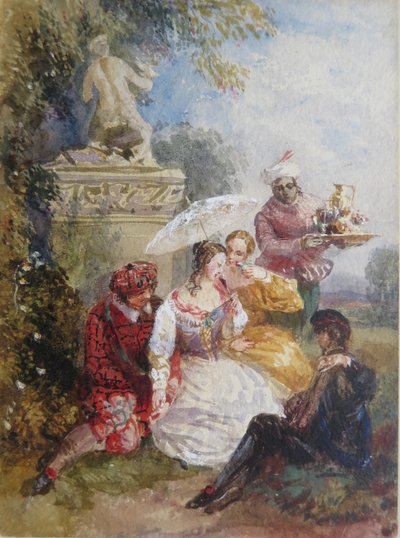 Eleganta gäster på en utklädningsfest i ett lantligt hus av David the younger Cox