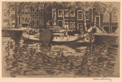 Kanal med förtöjd segelbåt av David van Hessen (signed by artist)
