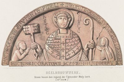 Tympaan van Egmond: stråk med Petrus, greve Dirk VI av Holland och hans mor grevinna Petronella, ca 1120 Skulptur. Sten ovanför ingången till Egmonder Abdy-kyrkan (1100-talet) (titel på objektet) av David van der Kellen