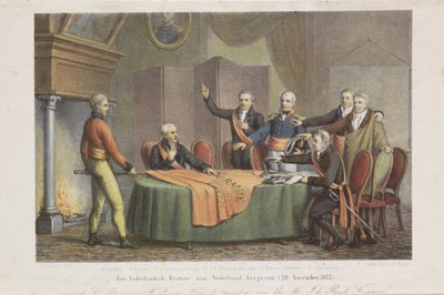 Accepterande av det höga styret av triumviratet i prinsen av Oranges namn, den 21 november 1813 Återställ en holländsk regering till Nederländerna. (20 november 1813) (titel på objekt) av David van der Kellen