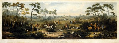 Foxhunting, skylt 1, graverad av Thomas Sutherland (1785-1838) 1817 (färg litho) av Dean Snr. (after) Wolstenholme