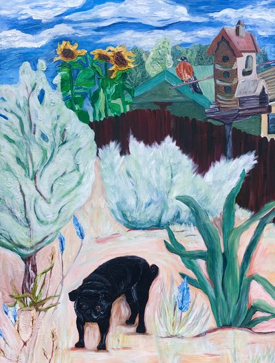 Backyard Pug, 2016 (akryl på duk) av Deborah Eve Alastra