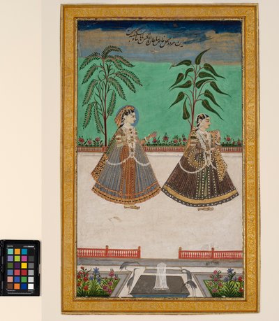 Två kvinnor från Tana Shahs harem från Golconda, ca 1800 (ogenomskinlig akvarell och guld på papper, monterad på en albumsida) av Deccani School