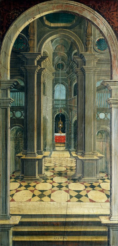 Perspektiv målat av Defendente Ferrari (1480 eller 1485-1540), på baksidan av 1500-talskören, Church of Saint Jerome, Biella, Italien av Defendente Ferrari