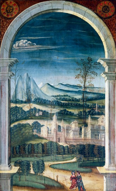 Perspektiv målat av Defendente Ferrari (1480 eller 1485-1540), på baksidan av 1500-talskören, Church of Saint Jerome, Biella, Italien av Defendente Ferrari