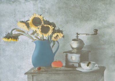 Rustikt stilleben med solrosor av Delphine Devos