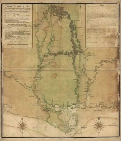 Särskild karta över en del av Louisiana där floderna har registrerats med döda räkningar och vägarna av land undersökta och mätt med steg, av Srs. Broutin, de Vergés, ingenjörer & Saucier designer av Demarigny