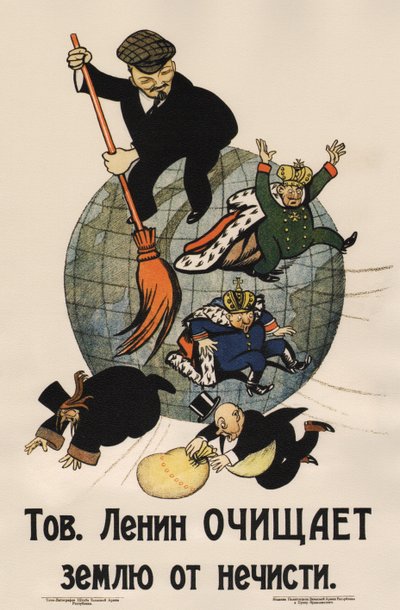 Kamrat Lenin rensar landet från sopor Affisch, 1920 av Deni