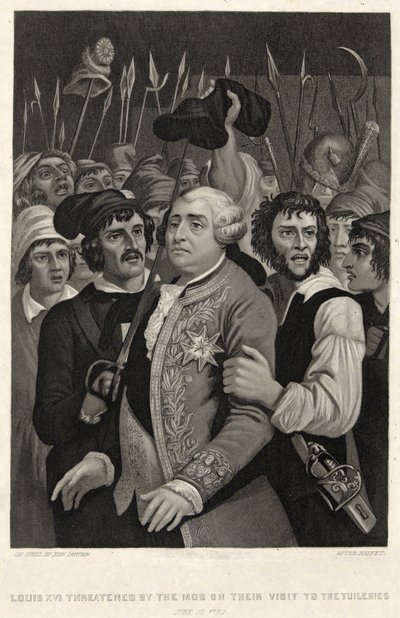 Ludvig XVI hotad av pöbeln vid deras besök i Tuilerierna den 20 juni 1792, graverad av John Sartain (gravyr) av Denis Auguste Marie (after) Raffet
