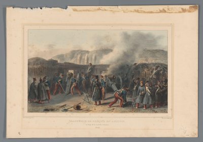 Beschieting van de Citadel, 1832 Batteribrytande i aktion (titel på objekt) Ritningar gjorda från naturen vid belägringen av Citadellet i Antwerpen av Raffet (serietitel på objekt) av Denis Auguste Marie Raffet