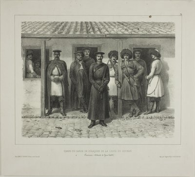 Kosackernas livvakter vid linjen, Kuban, Taman, Détroit de Yéni-Kaleb, 9 oktober 1837 av Denis Auguste Marie Raffet
