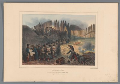 Gruppsoldat trekt door en opening in de palisade, 1832 Caponier, palisaderat verk framför halvmånen (titel på objekt) Teckningar gjorda av livet vid belägringen av Citadellet i Antwerpen av Raffet (serietitel på objekt) av Denis Auguste Marie Raffet