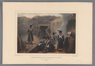 Militär vid een mijngang, 1832 Kommunikation av dikesnedstigning (titel på objekt) Ritningar gjorda från naturen vid belägringen av Citadellet i Antwerpen av Raffet (serietitel på objekt) av Denis Auguste Marie Raffet