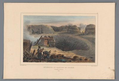 Militairten binnen een bastion, 1832 Interiör av Bastionen i Toledo (titel på objekt) Teckningar gjorda av livet vid belägringen av Citadellet i Antwerpen av Raffet (serietitel på objekt) av Denis Auguste Marie Raffet