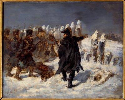 Ryska reträttavsnitt. Napoleonkriget (1812). Marechal Michel Ney (1769 - 1815) har Redoubt of Kovno (1812). Målning av Denis Auguste Raffet (1804-1860) av Denis Auguste Marie Raffet