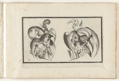 En mans och en kvinnas huvud med groteska hattar och kragar Huvudbonadsdesign (serietitel) Ouvrage rare et nouveau, contenant plusieurs desseins de merveilleuse rekreation sous diverses caprices et gentillesses representees en l