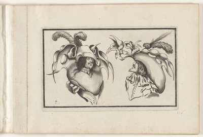 Två mäns huvuden med groteska hattar och kragar Huvudbonadsdesign (serietitel) Ouvrage rare et nouveau, contenant plusieurs desseins de merveilleuse rekreation sous diverses caprices et gentillesses representees en l