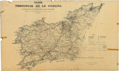 Karta över provinsen A Coruña med statliga och provinsiella vägar och subventionerade grannvägar. Utgiven efter överenskommelse med Hans excellens. Provinsiell kommission av Deputación da Coruña