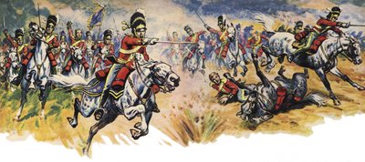 "In i dem, Greys!" Unionsbrigadens (kavalleriets) anfall vid slaget vid Waterloo (färglitografi) av Derek Charles Eyles