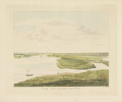 Utsikt över Waal nordost om Nijmegen I nordost (titel på objekt) Utsikter runt staden Nijmegen (serietitel) Gelderland panorama eller rund vy från livet på Belvedere i Nymegen (serietitel) av Derk Anthony van de Wart