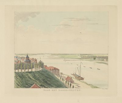 Utsikt över Valkhof och Waal nordväst om Nijmegen I nordväst (titel på objekt) Utsikter runt staden Nijmegen (serietitel) Gelderland panorama eller rund vy från livet på Belvedere i Nymegen (serietitel) av Derk Anthony van de Wart