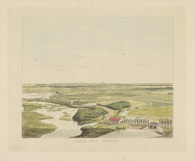 Utsikt över landskapet öster om Nijmegen Till öst (titel på objekt) Utsikter runt staden Nijmegen (serietitel) Gelderland panorama eller rund vy från livet på Belvedere i Nymegen (serietitel) av Derk Anthony van de Wart