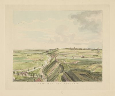 Utsikt över landskapet sydost om Nijmegen I sydost (titel på objekt) Sevärdheter runt staden Nijmegen (serietitel) Geldersch panorama eller rund vy av livet ritad på Belvedere i Nymegen (serietitel) av Derk Anthony van de Wart