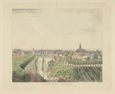 Nijmegen, utsikt från Belvédère mot väster Västerut (titel på objekt) Utsikter runt staden Nijmegen (serietitel) Gelderland panorama eller rund vy från livet på Belvedere i Nymegen (serietitel) av Derk Anthony van de Wart
