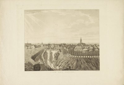 Nijmegen, utsikt från Belvédère mot väster Till väst (titel på objekt) Sevärdheter runt staden Nijmegen (serietitel) Geldersch panorama eller rund vy av livet ritad på Belvedere i Nymegen (serietitel) av Derk Anthony van de Wart