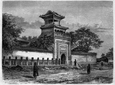 Moské i Pekin (Peking) på 1870-talet. Gravyr efter en teckning av Deroy, i "" Le Tour du Monde, Nouveau journal des Voyages", redigerad av Edouard Charton, Paris av Deroy (after)