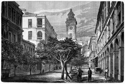 Utsikt över det historiska klocktornet i Hong Kong. Gravyr efter en teckning av Deroy, i "" Le Tour du Monde, Nouveau journal des Voyages", redigerad av Edouard Charton, Paris av Deroy (after)
