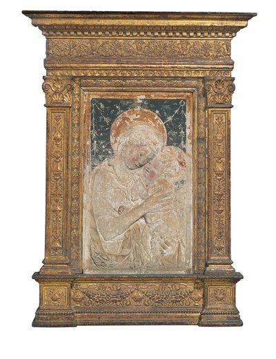 Relief av Jungfrun och barnet (förgylld och polykrom stuckatur) av Desiderio da Settignano (after)