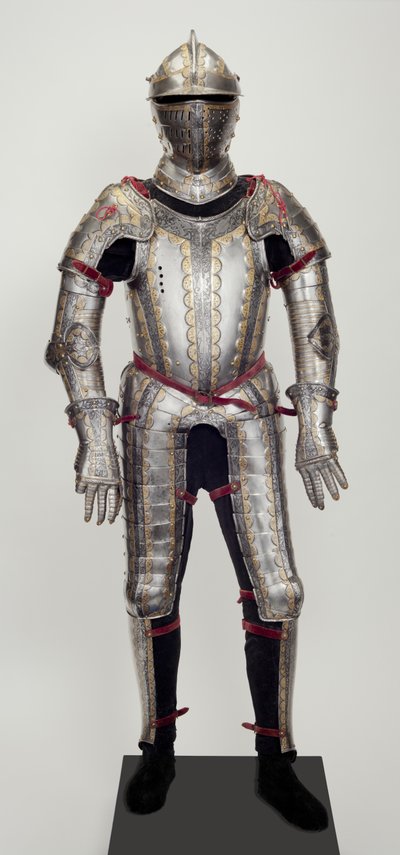 Fältrustning, från en garniture, troligen gjord för Ludwig Ungnad von Weissenwolf auf Sunegg, c.1552 (stål med präglad, etsad, svärtad och förgylld dekoration, med modern mässing, sammet, läder och stål) av Desiderius Helmschmid