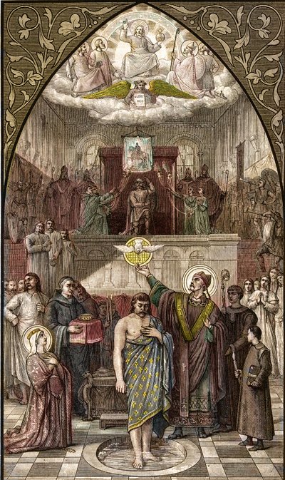 Saint Remigius döper Clovis i Reims - Dopet av frankernas kung Clovis I (466-511) i Reims av Eveque Saint Remi den 25/12/496 (eller 499) - gravyr efter målningen av Desire Francois Laugee av Desire Francois Laugee