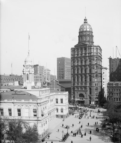 City Hall and World Building, New York City, USA, ca 1905 (s/v foto) av Detroit Publishing Co.
