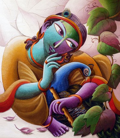 Lord Krishna med påfågel av Dhananjoy Mukherjee