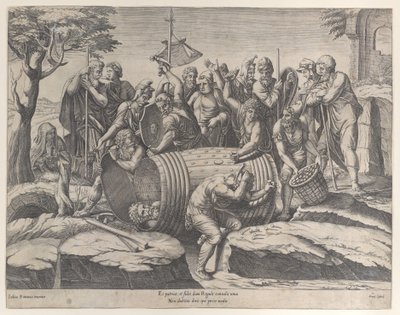 Marcus Atilius Regulus i en tunna medan två män hamrar i spikarna, diverse fi..., 1555-77. av Diana Mantuana