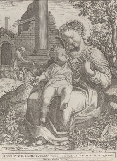 Den heliga familjen i Egypten, med Josef som snickare i bakgrunden..., [1577], återutgiven 1774. av Diana Mantuana