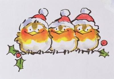 Christmas Robins (bläck och wc på papper) av Diane Matthes
