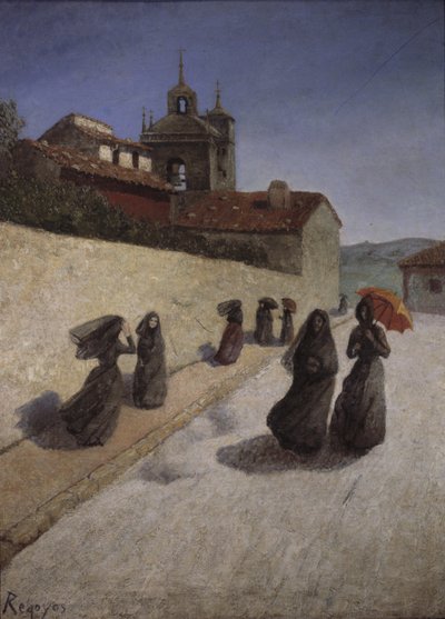 Promenad bredvid kyrkan,1800-tal (olja på duk) av Diario or Dario de Regoyos y Valdes
