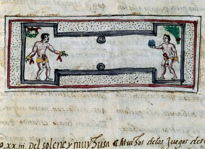 Azteker spelar pelota, miniatyr från History of Indies (Historia de las Indias) av Diego Duran (1537-1588), manuskript från 1579 av Diego Duran