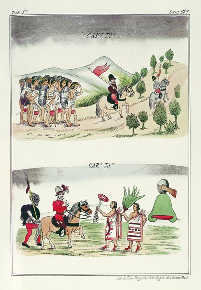Kap 72 och kap 73, illustrationer från "Historia de las Indias de Nueva Espana y islas de tierra firme", med planscher av Jules Desportes, Mexiko, 1867-80. av Diego Duran