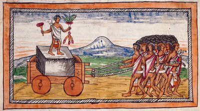 Aztekerna transporterar stenar för att bygga sina städer, sträcker ut akvarell från Indiens historia av Diego Duran (1537-1588), manuskript, folio 188 recto av Diego Duran