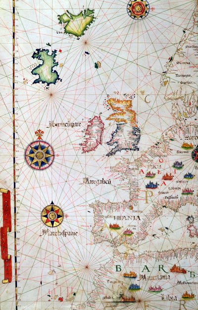 De brittiska öarna, Iberien och nordvästra Afrika, detalj från en världsatlas, 1565 av Diego Homem