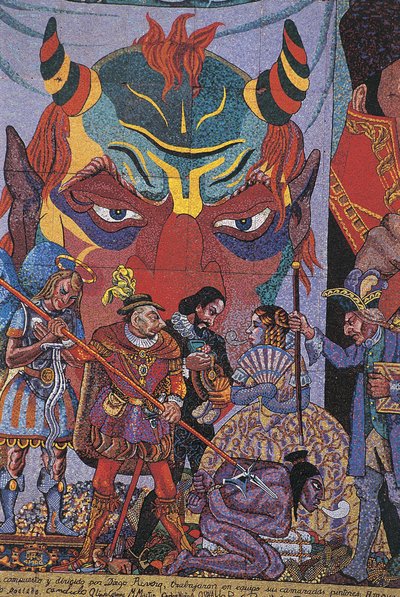 Närbild av en målning, Insurgentes-teatern, Mexico City, Mexico av Diego Rivera