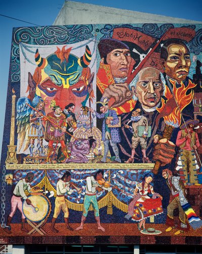 Hidalgo, Morelos och Juarez, hjältar i kampen för självständighet, detalj från mosaikmålningen på fasaden till Upprorsmännens teater, Mexico City. Mexiko, 1900-talet. av Diego Rivera